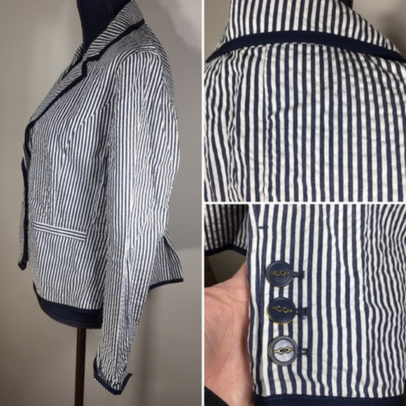 Sandro Navy & white striped pleated hip blazer - Picture 3 of 4